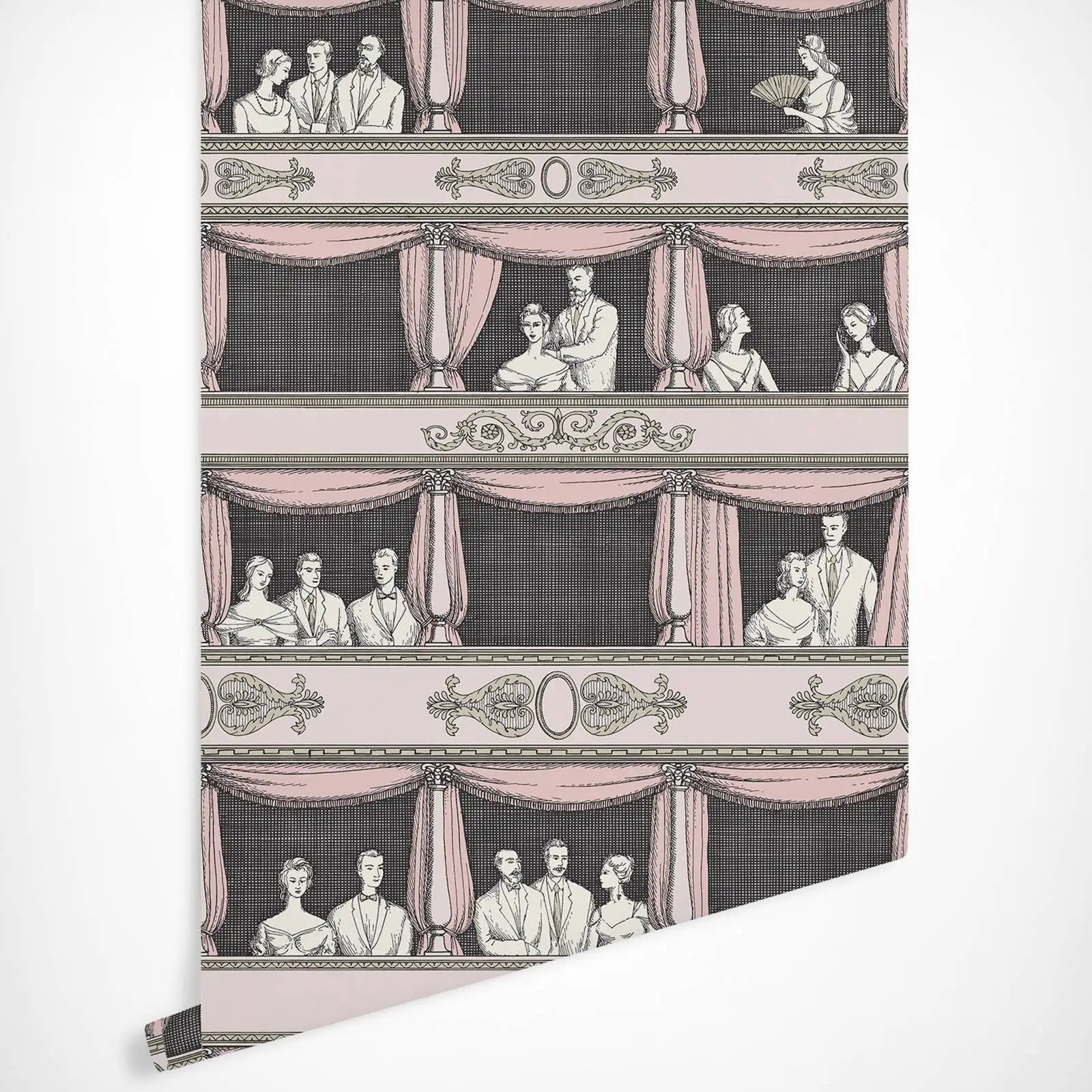 Theatre Wallpaper With Intricate Line Work Features With Sumptuous Curtains.Classical and Contemporary Wall Mural Home Decor