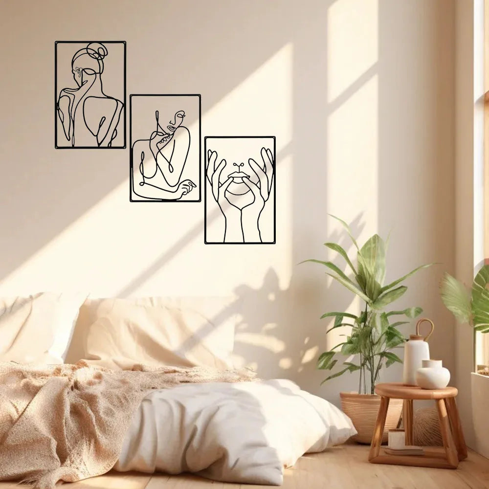 Metal Wall Art 3pcs Abstract Line Drawing Decor for Kitchen Bathroom Living Room and Living Room Wall Decor Metal Wall Hanging