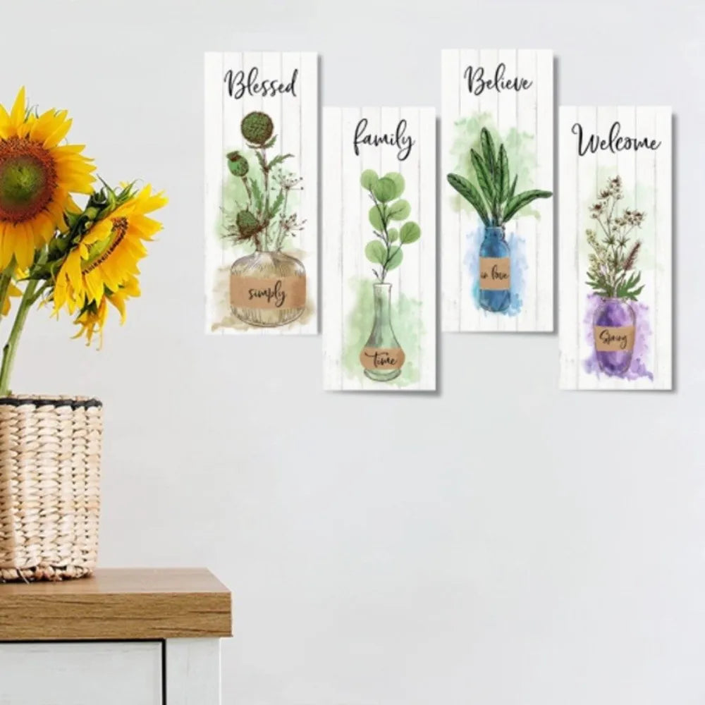 Wall Plate Wooden Floral Wall Art Rustic Style Decorative Plants Hanging Sign Handmade Wall Decor Paintings Bathroom Decor