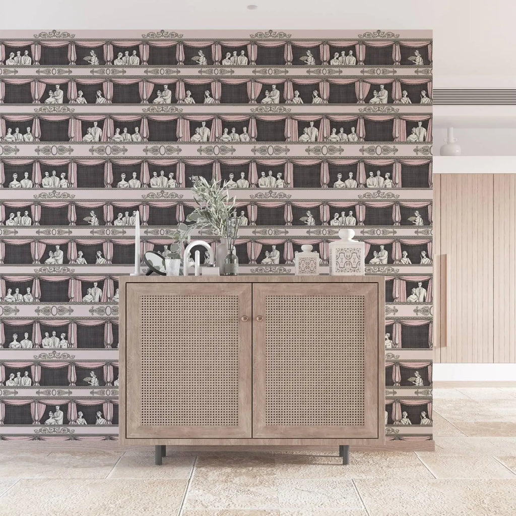 Theatre Wallpaper With Intricate Line Work Features With Sumptuous Curtains.Classical and Contemporary Wall Mural Home Decor