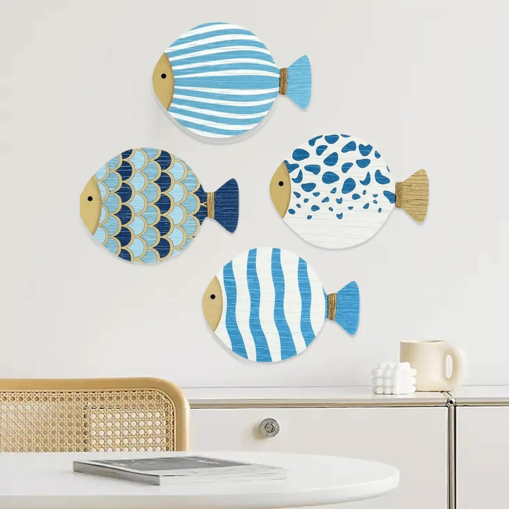 4x Wall Art Wooden Artwork Ornament Hanging Decor Ocean Theme Fish Wall Sculpture for Bathroom Home Living Room Farmhouse Garden