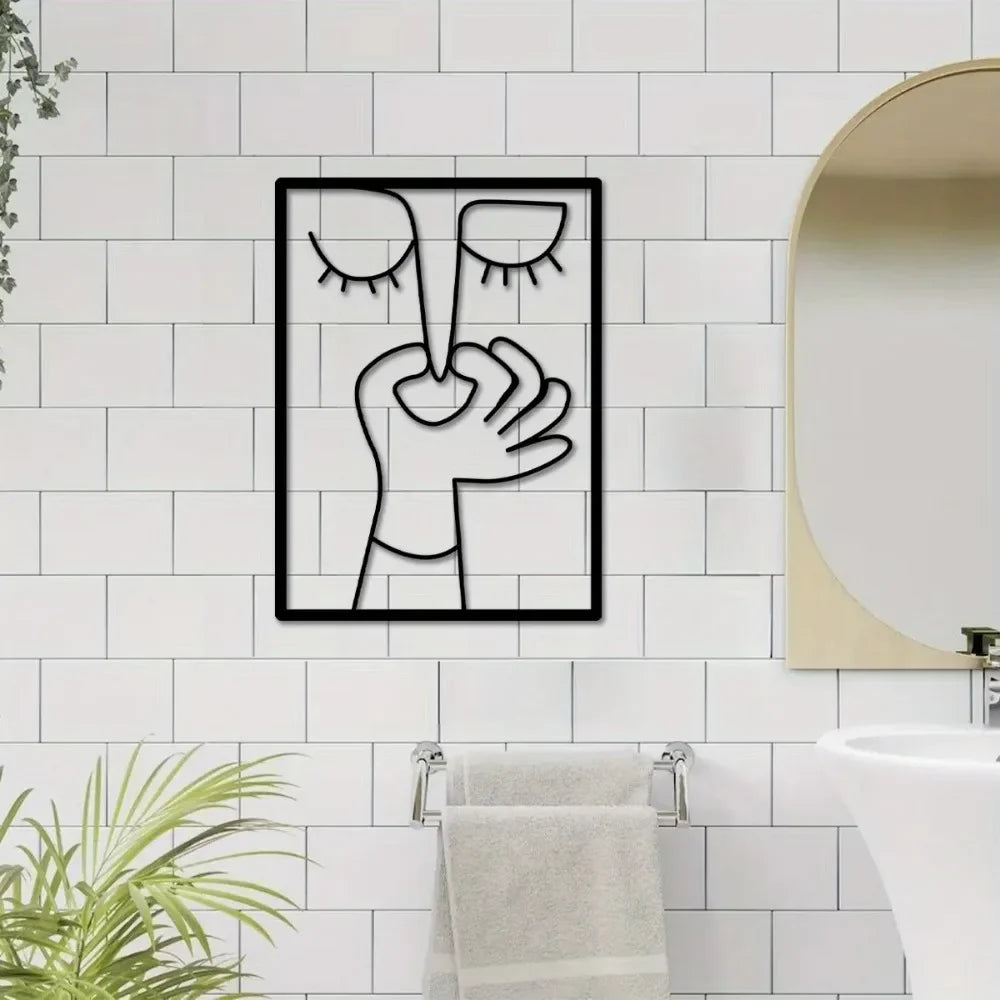 Metal Wall Art for Toilet: Funny Portrait with Minimal Line Art Design as Bathroom Sign & Restroom Decor