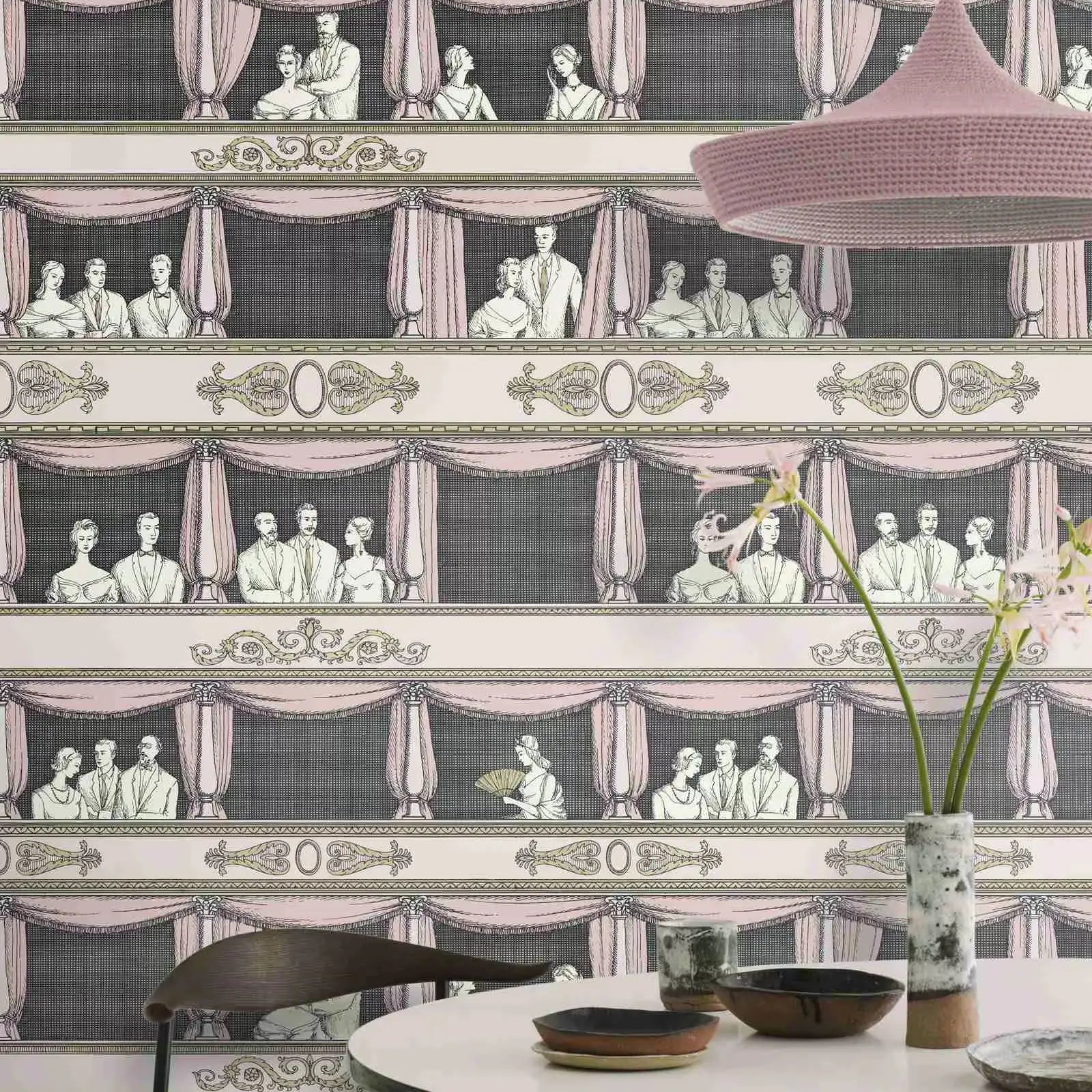 Theatre Wallpaper With Intricate Line Work Features With Sumptuous Curtains.Classical and Contemporary Wall Mural Home Decor
