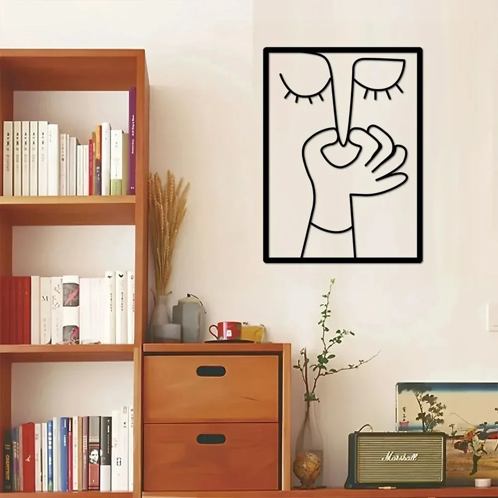 Metal Wall Art for Toilet: Funny Portrait with Minimal Line Art Design as Bathroom Sign & Restroom Decor