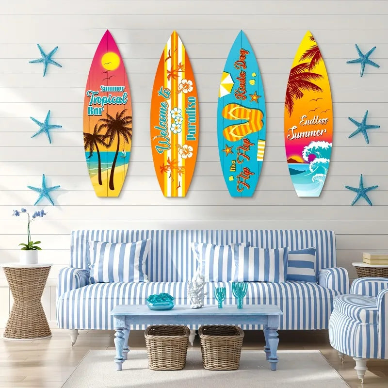 Vintage Surfboard Wall Art - Handcrafted Wooden Beach Decor for Coastal Farmhouse Living Rooms & Nautical Bathroom Spaces
