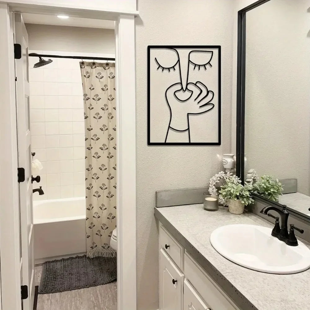 Metal Wall Art for Toilet: Funny Portrait with Minimal Line Art Design as Bathroom Sign & Restroom Decor