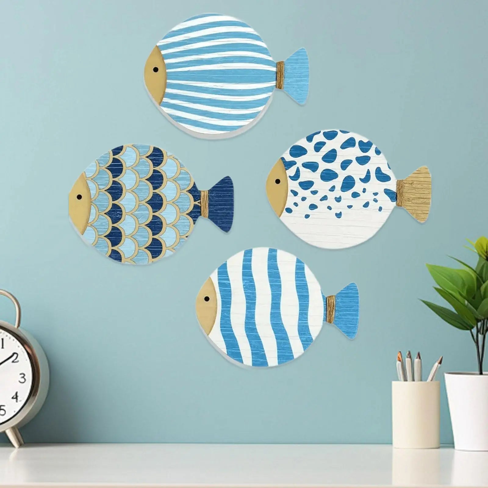 4x Wall Art Wooden Artwork Ornament Hanging Decor Ocean Theme Fish Wall Sculpture for Bathroom Home Living Room Farmhouse Garden