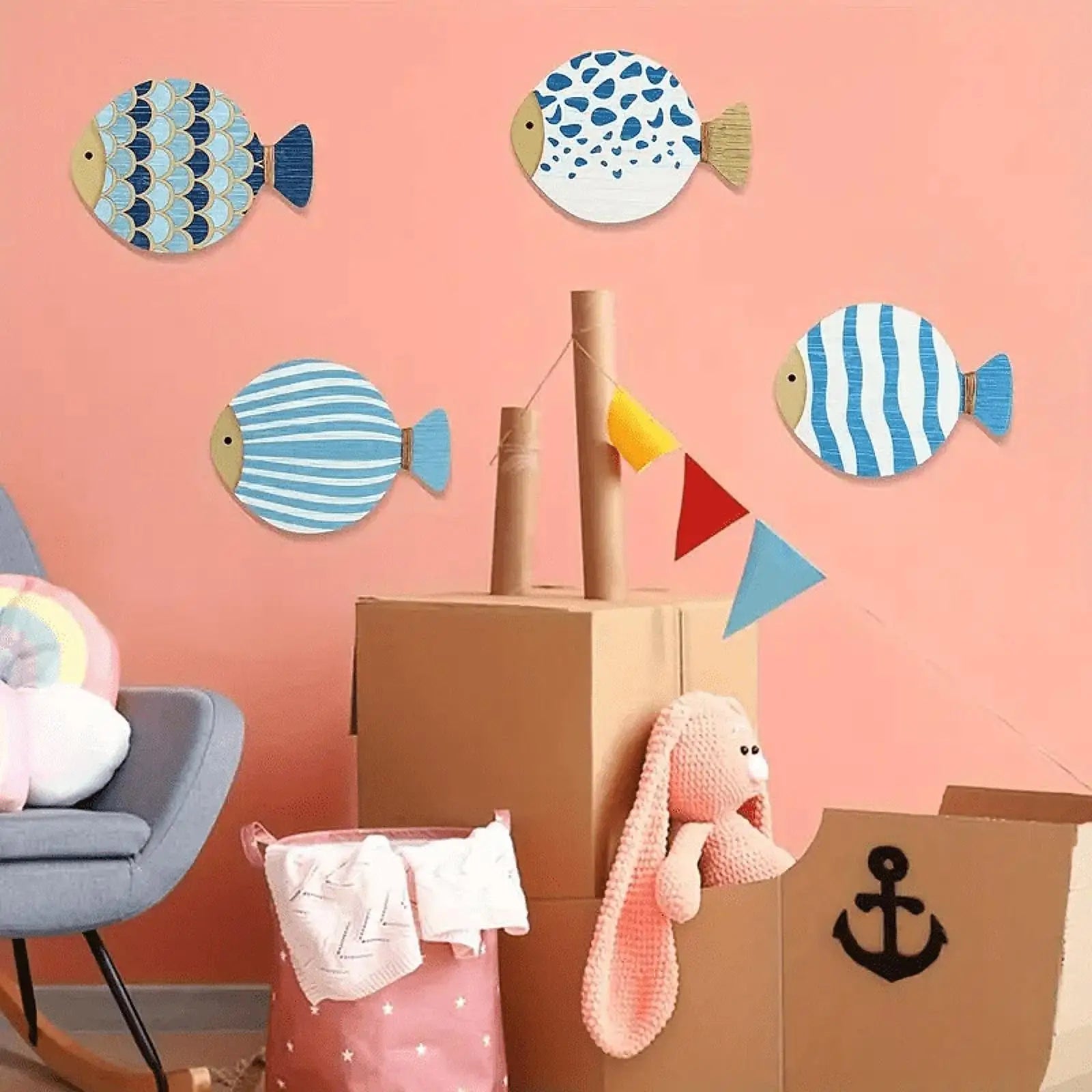 4x Wall Art Wooden Artwork Ornament Hanging Decor Ocean Theme Fish Wall Sculpture for Bathroom Home Living Room Farmhouse Garden